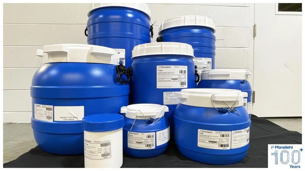 Blue barrel of Pfanstiehl high purity GMP excipient grade Sodium Gluconate powder
